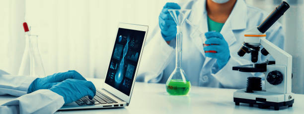 Innovative medical biotechnology software with lab researcher. Rigid