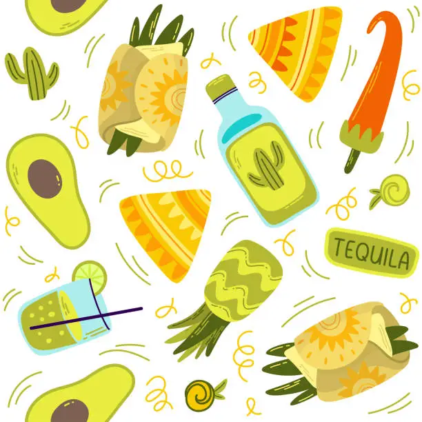 Vector illustration of Seamless pattern with flat Mexican national food.