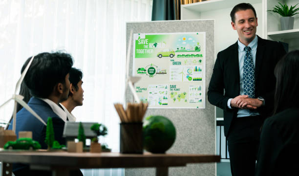 istock Businessman leader give presentation on eco-friendly implementation. Quaint 2100702765