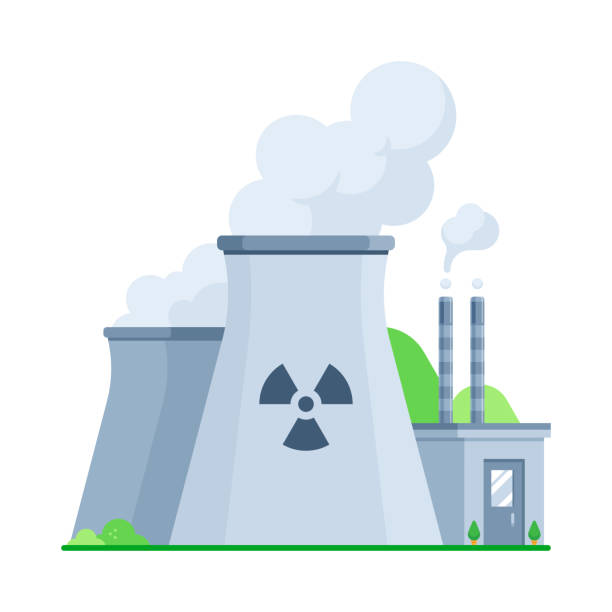 illustrations, cliparts, dessins animés et icônes de une centrale nucléaire dans un style d’illustration vectorielle plate isolée sur fond blanc, représentant les concepts d’énergie nucléaire, de production d’électricité et d’impact environnemental. - centrale nucléaire