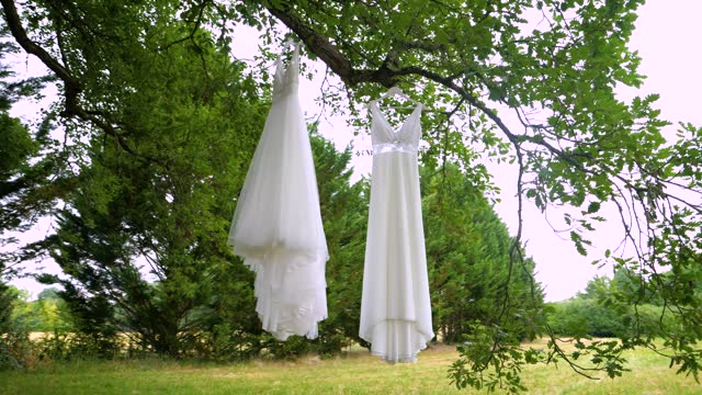 Slow orbiting shot showing a brides multiple wedding dresses hanging in a garden