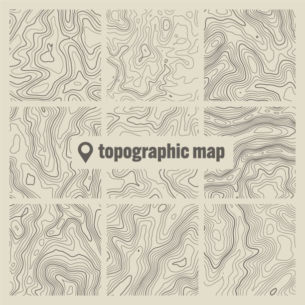 topographic map with contour lines. geographic terrain grid, relief height elevation. ground path pattern. travel and navigation, cartography design element. vector illustration - relief map topography extreme terrain mountain stock illustrations