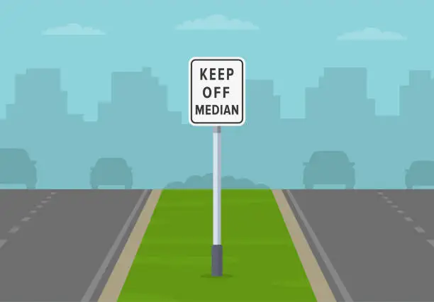 Vector illustration of Driving rules and tips. Divided lane road and keep off median traffic sign. Vector illustration template.