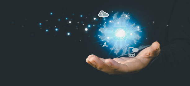 istock Businessman is showing concept of future technology and internet connection network with AI as controller. A graphic floated in the air on his hand. Data center network concept. 2100740311