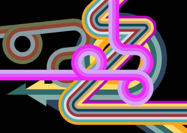 istock Retro 70s colorful lines. Groovy abstract 1970s art template. Minimalistic Vintage striped design poster. Old-fashioned rainbow color artwork on black background. 2100749171
