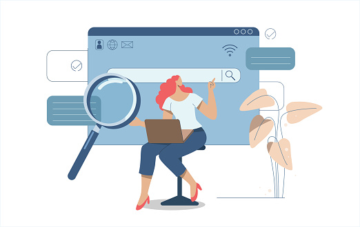 Search engine optimization, SEO. Internet marketing concepts, Analyze website page statistics, Women searching online with magnifying glass in web browser bar. Vector design illustration.