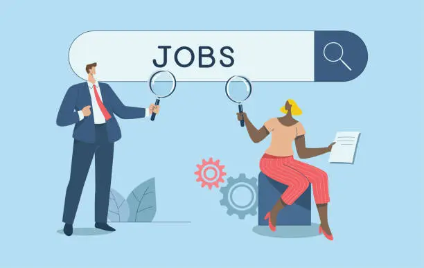 Vector illustration of Finding new business opportunities or looking for a new job, Employment or job search, Job vacancy concept, Male and female employees use a magnifying glass to search for jobs on the search bar.
