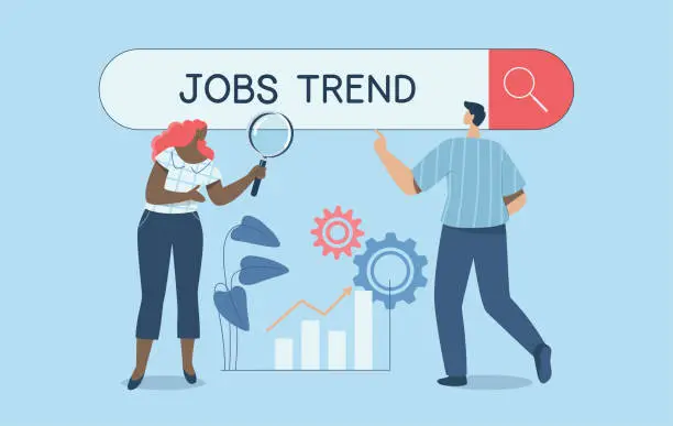 Vector illustration of Finding job trends, Search new business opportunities or looking for a new job, Employment or job search, Male and female employees use a magnifying glass to search for jobs on the search bar.