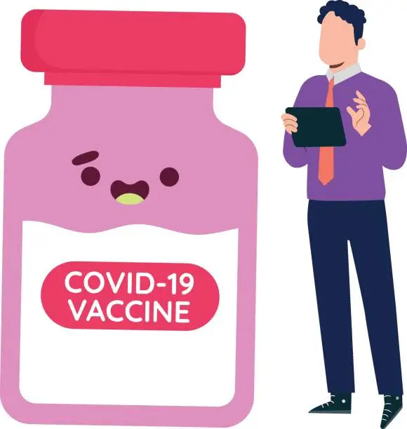 Vector illustration of Boy stands next to jar of COVID-19 vaccine.