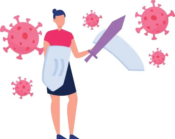 Vector illustration of Girl is fighting for virus protection.