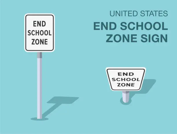 Vector illustration of Traffic regulation rules. Isolated United States end school zone road sign. Front and top view. Vector illustration template.