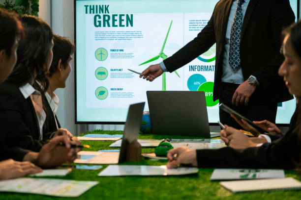 istock Businessman leader give presentation on eco-friendly implementation. Quaint 2100812997