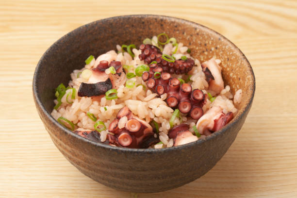 Japanese octopus rice cooked in a bowl