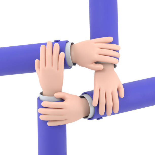 Cartoon Gesture Icon Mockup.Four diverse men holding each others wrists. Top view. 3D rendering on white background.
