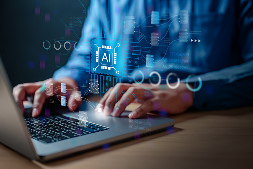 ai, database, digital, information, network, technology, graph, analysis, chart, innovation. analyst uses laptop working with business analytics and ai technology system connected to the database.