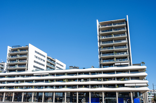 Modern high-rise apartment complex seen in Badalona, Spain