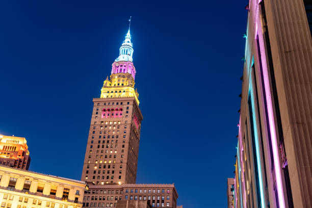 This is a long exposure of the Terminal Tower at twilight in downtown Cleveland, Ohio.