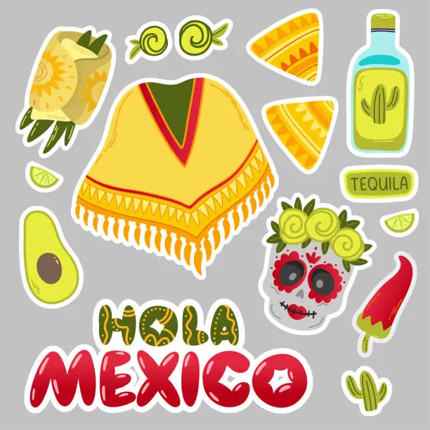Vector illustration of Cartoon flat Mexican national symbols. Hola Mexico