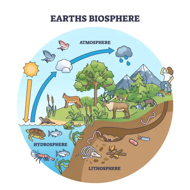 Vector illustration of Earth biosphere with atmosphere, hydrosphere and lithosphere outline diagram