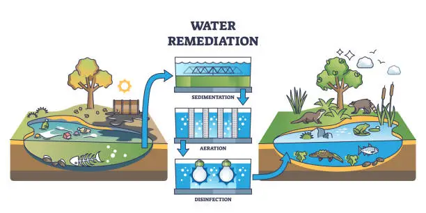 Vector illustration of Water remediation and cleaning process from polluted to clean outline diagram