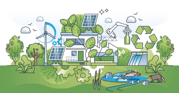Vector illustration of Green manufacturing and clean energy usage for factory outline concept