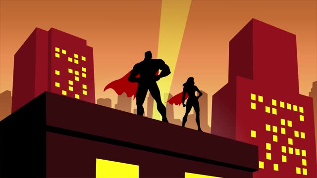 Looping Superhero Silhouette on a Rooftop Stock Animation Video