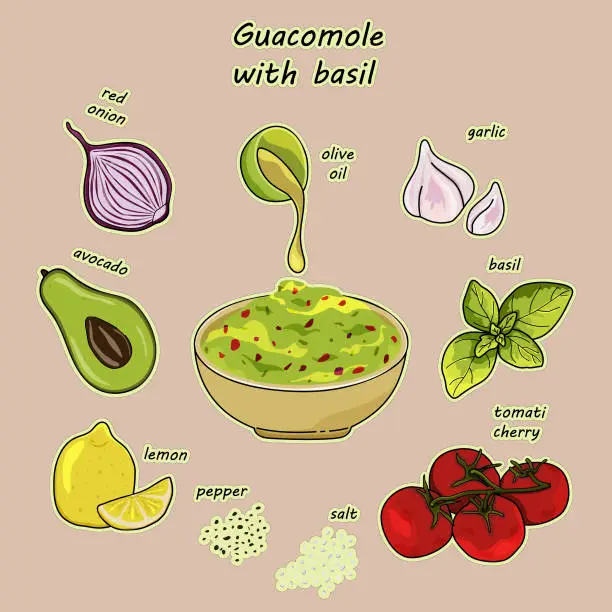Vector illustration of Sticker of guacomole with basil.