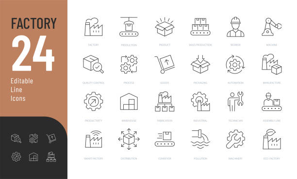 bearbeitbare symbole für die fabriklinie. - fertigungsstraße stock-grafiken, -clipart, -cartoons und -symbole
