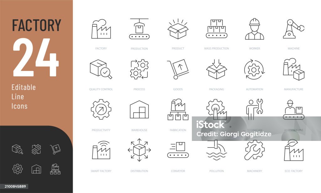 Ensemble d’icônes modifiables de ligne d’usine. - clipart vectoriel de Icône libre de droits Ensemble d’icônes modifiables de ligne d’usine. - clipart vectoriel de Icône libre de droits