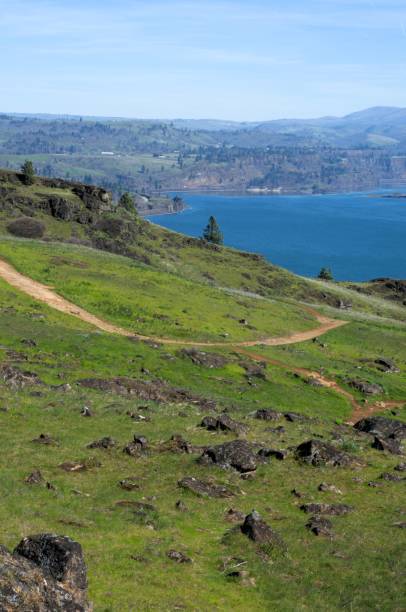 istock Dirt hiking path winding through meadow by a river 2100849052