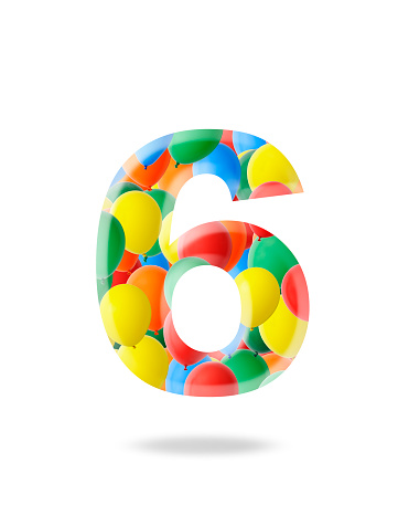 Close-up of three-dimensional multi colored balloon number 6 on white background.