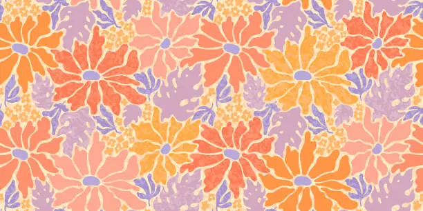 Vector illustration of Pattern from pink flowers. Floral abstract seamless vector background. Retro groovy shape. Modern print. Simple summer spring geometric leaf, flower design. Graphic vintage Fauvist style floral pattern