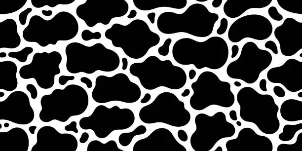 Vector illustration of Cow pattern of black spots. Milk texture. Vector seamless print. Spot skin. White black background illustration. Stain design. Y2k abstract shape. Farm animal cow giraffe dalmatian pattern background