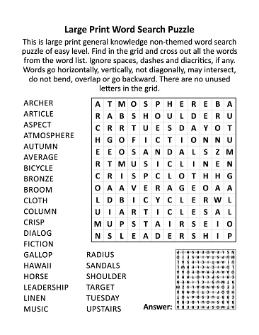 Large print general knowledge word search puzzle (words ARCHER - UPSTAIRS). Answer included.