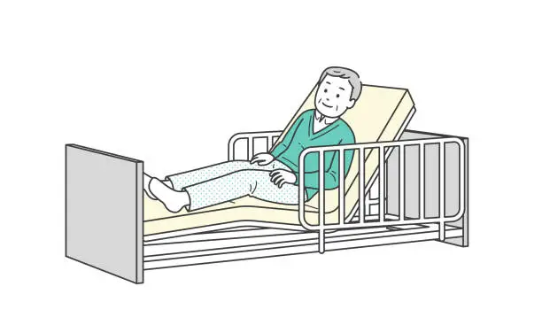 Vector illustration of Illustration of an elderly man lying in bed and a nursing care bed