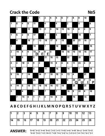 Crack the code crossword puzzle or game (codebreaker, codeword, codecracker, coded crossword) with two hints (words dee, quip). Answer included.