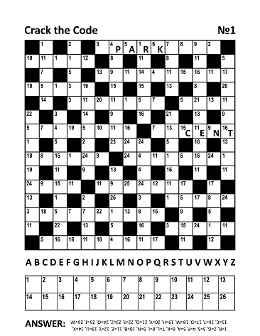 Crack the code crossword puzzle or game (codebreaker, codeword, codecracker, coded crossword) with two hints (words park, cent). Answer included.