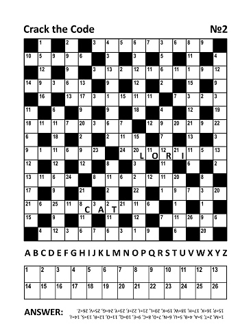 Crack the code crossword puzzle or game (codebreaker, codeword, codecracker, coded crossword) with two hints (words lori, cat). Answer included.