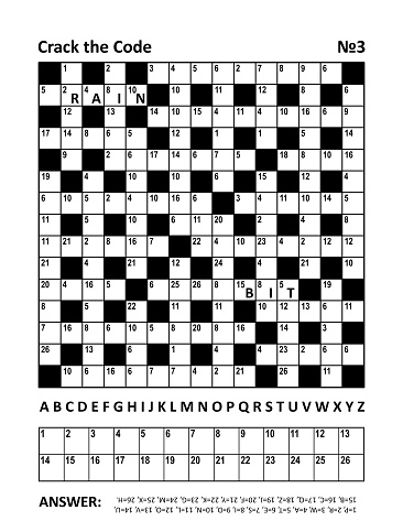 Crack the code crossword puzzle or game (codebreaker, codeword, codecracker, coded crossword) with two hints (words rain, bit). Answer included.