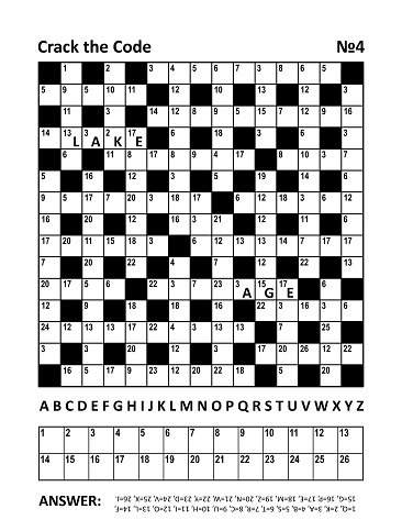 Crack the code crossword puzzle or game (codebreaker, codeword, codecracker, coded crossword) with two hints (words lake, age). Answer included.