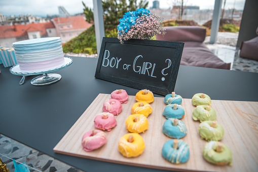 Outdoor gender reveal party featuring a table with pink-filled donuts indicating a baby girl. A chalkboard sign reads 'Boy or Girl?' with a cake and flowers in the background, showcasing casual celebratory atmosphere.