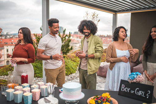 A joyful, diverse group of friends gathers outdoors for a gender reveal party, as a pink cake indicates the arrival of a baby girl. The party atmosphere is casual, with guests wearing comfortable clothing and engaging in lively conversation.