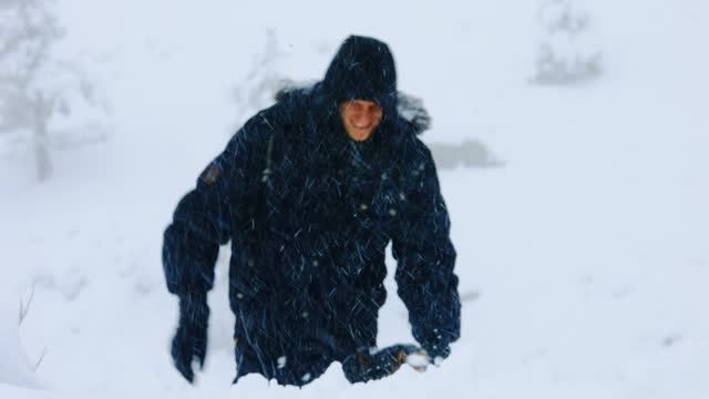 Man Hiking with Dog in Deep Snowfall Colorado Winter Activities