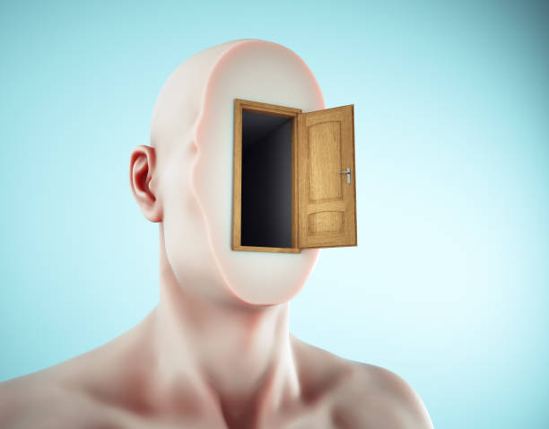 Faceless man with an opened door on head. This is a 3d render illustration