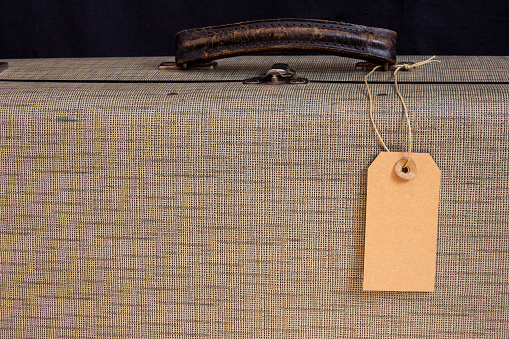 Old suitcase, tag, close up, grey, brown, travel