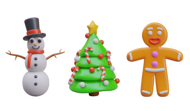 istock Snowman in top hat, decorated Christmas tree, smiling gingerbread man 2100971080