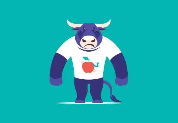 Vector illustration of angry bull in white t-shirt