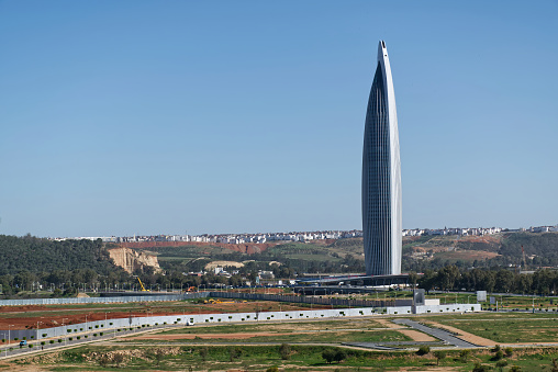 Rabat - Morocco, Africa - February 18, 2024: Mohammed VI Tower. Skyscraper Center. Rabat, Morocco, Africa.