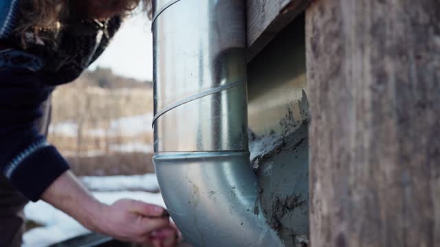 Man Building DIY Hot Tub Sealing The Gaps Behind The Chimney With Mortar Paste. - close up shot