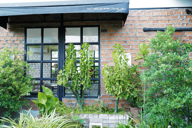 Stock photo shows a serene garden scene viewed through sliding patio doors, revealing a cozy balcony adorned with potted plants and small trees. The wooden decking adds warmth and natural charm to the outdoor space. This inviting setting blends indoor and outdoor living